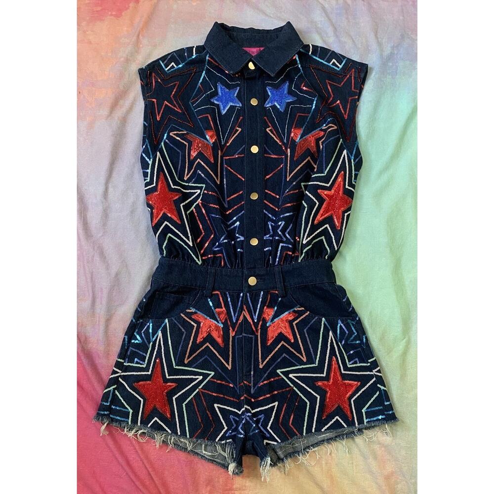 Queen of Sparkles Groovy Star Denim Romper sequins bling Fourth of July Size XS